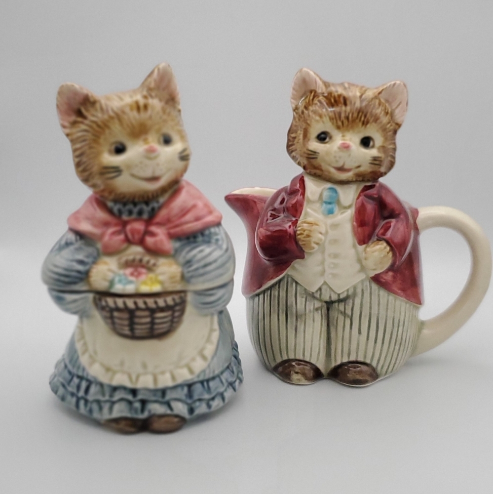 Vintage OTAGIRI Mr. & Mrs. Whiskers Cream & Sugar Server Set Anthropomorphic Cat